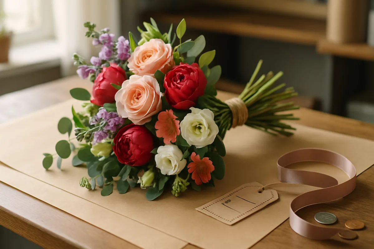 Hand-tied bouquet on a wrapping station with price tags and kraft paper