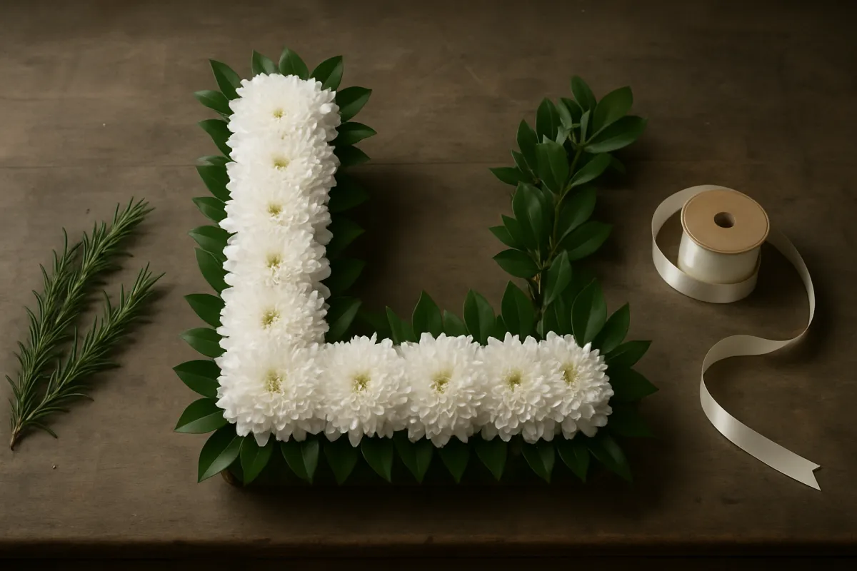 White chrysanthemum funeral letter tribute on a florist workbench