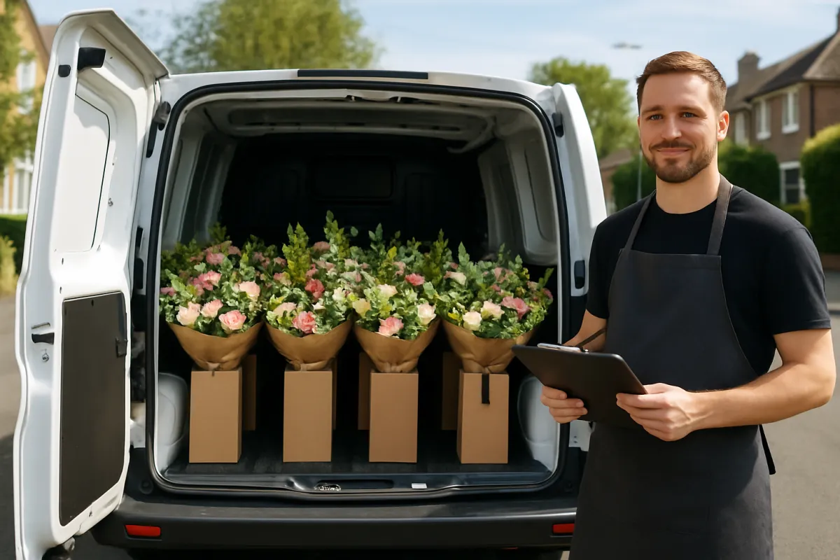 Florist delivery van with rear doors open showing boxed bouquets