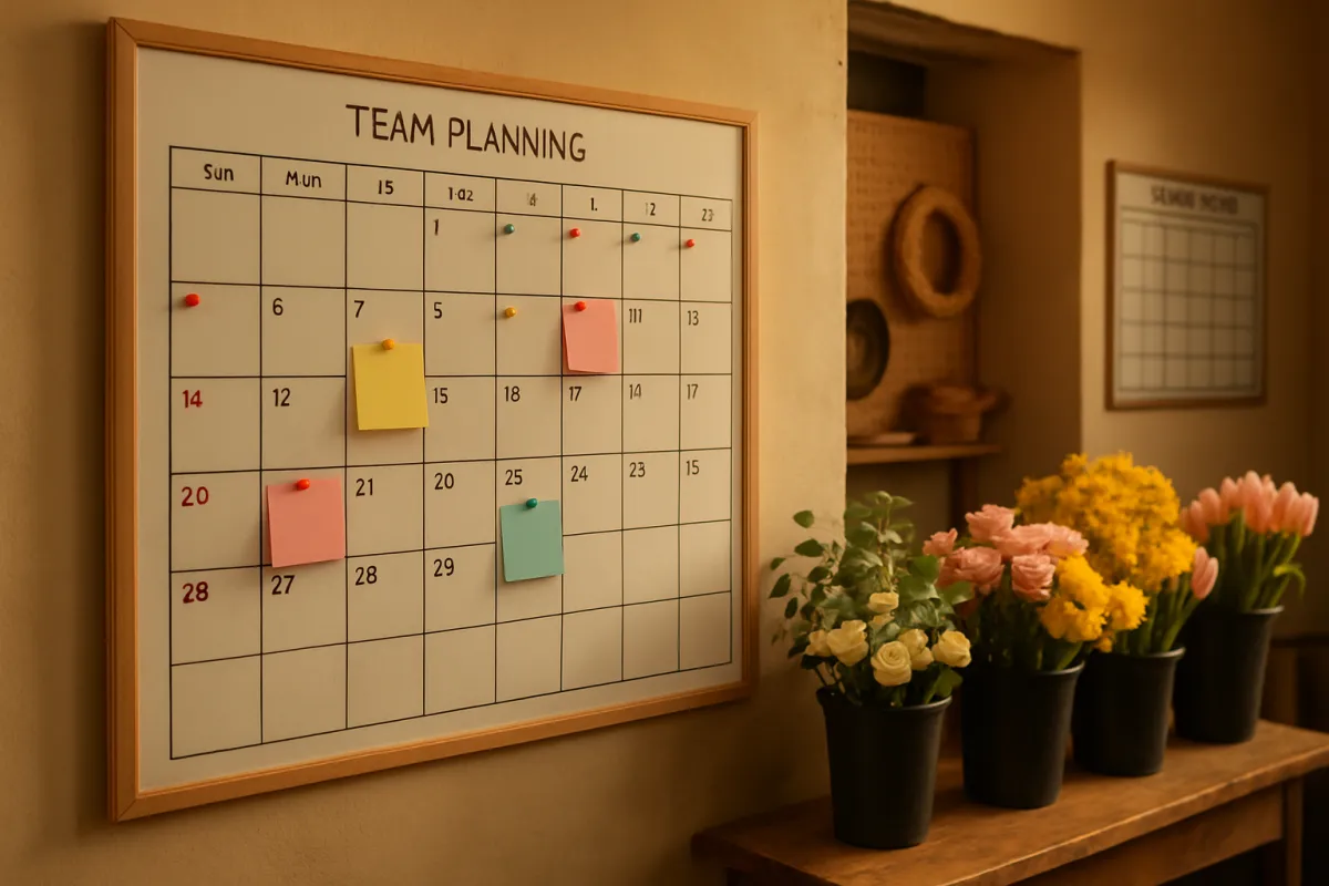 Team planning calendar with coloured pins in a flower shop back room