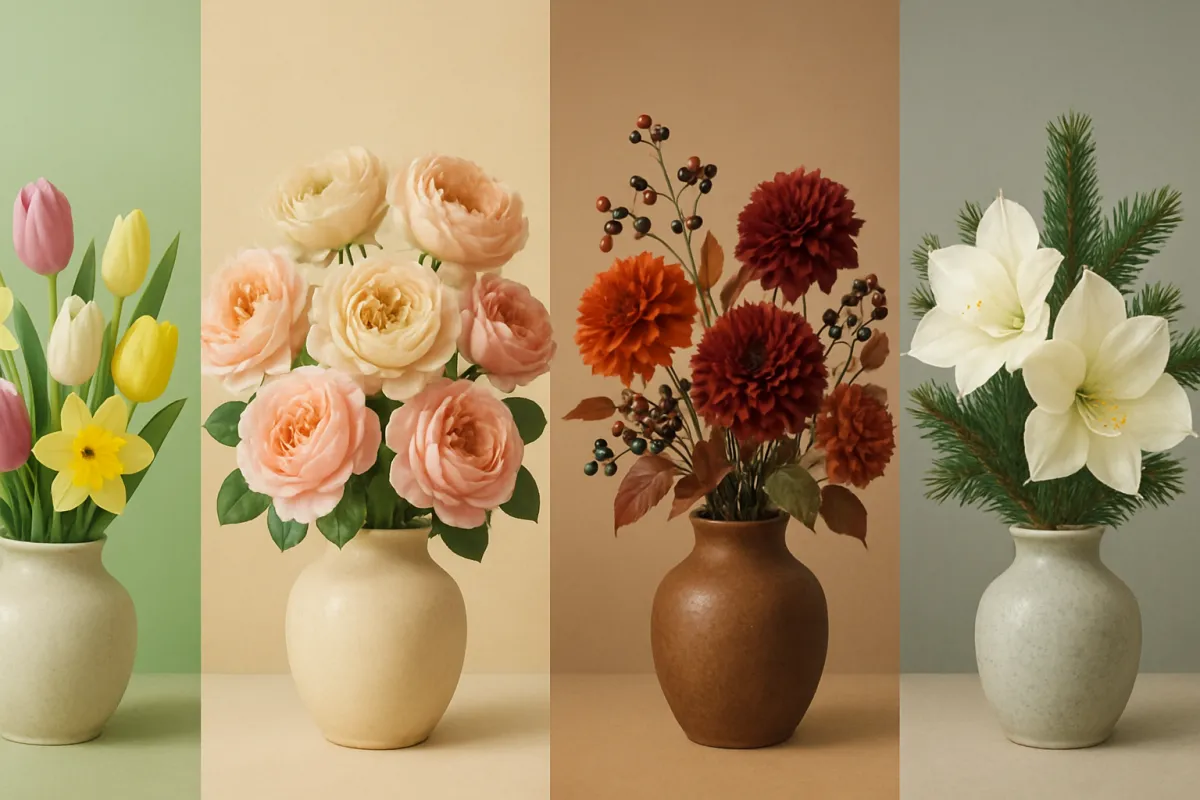 Four seasonal flower arrangements representing spring summer autumn and winter
