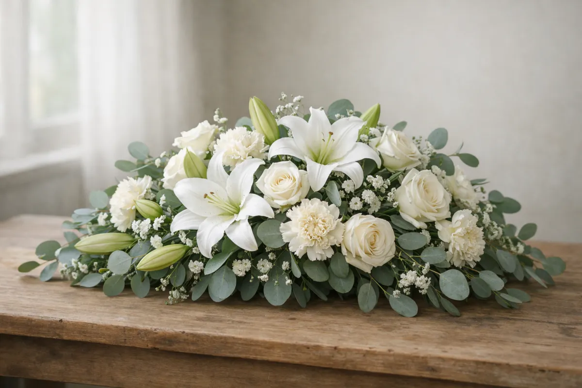 Elegant white and green funeral flower arrangement with lilies and eucalyptus