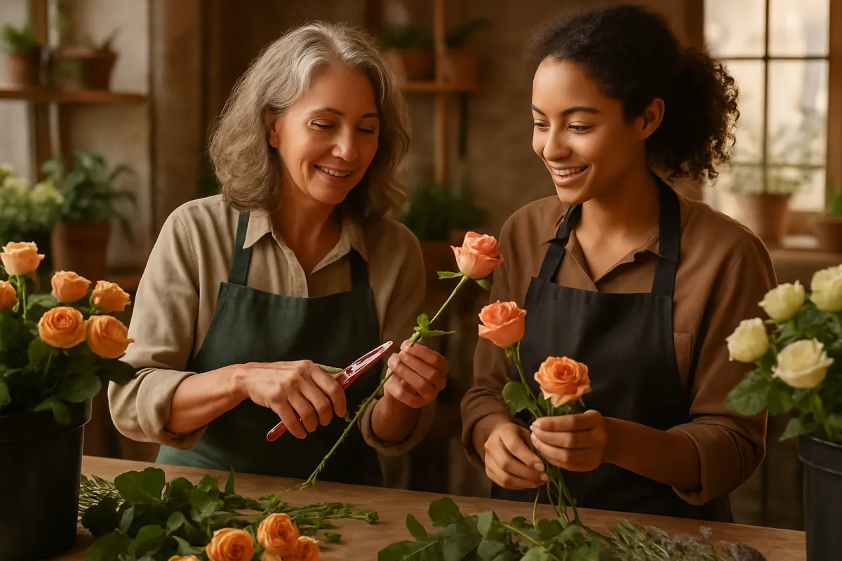 Florist mentor teaching a trainee at a flower conditioning station