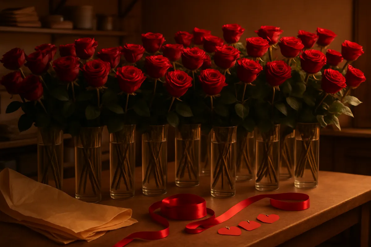 Dozens of long-stemmed red roses in glass vases with ribbon and gift tags