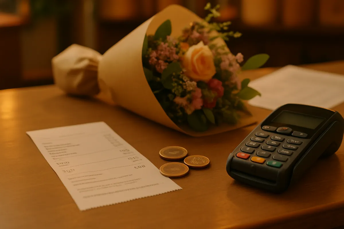 Flower shop counter with Euro coins and receipt beside a wrapped bouquet