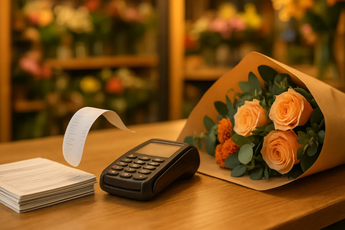 Flower shop till counter with receipt and wrapped bouquet