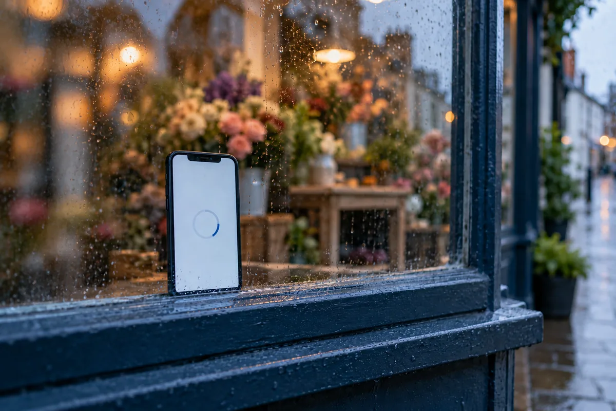 Phone showing a loading circle behind a rain-covered flower shop window