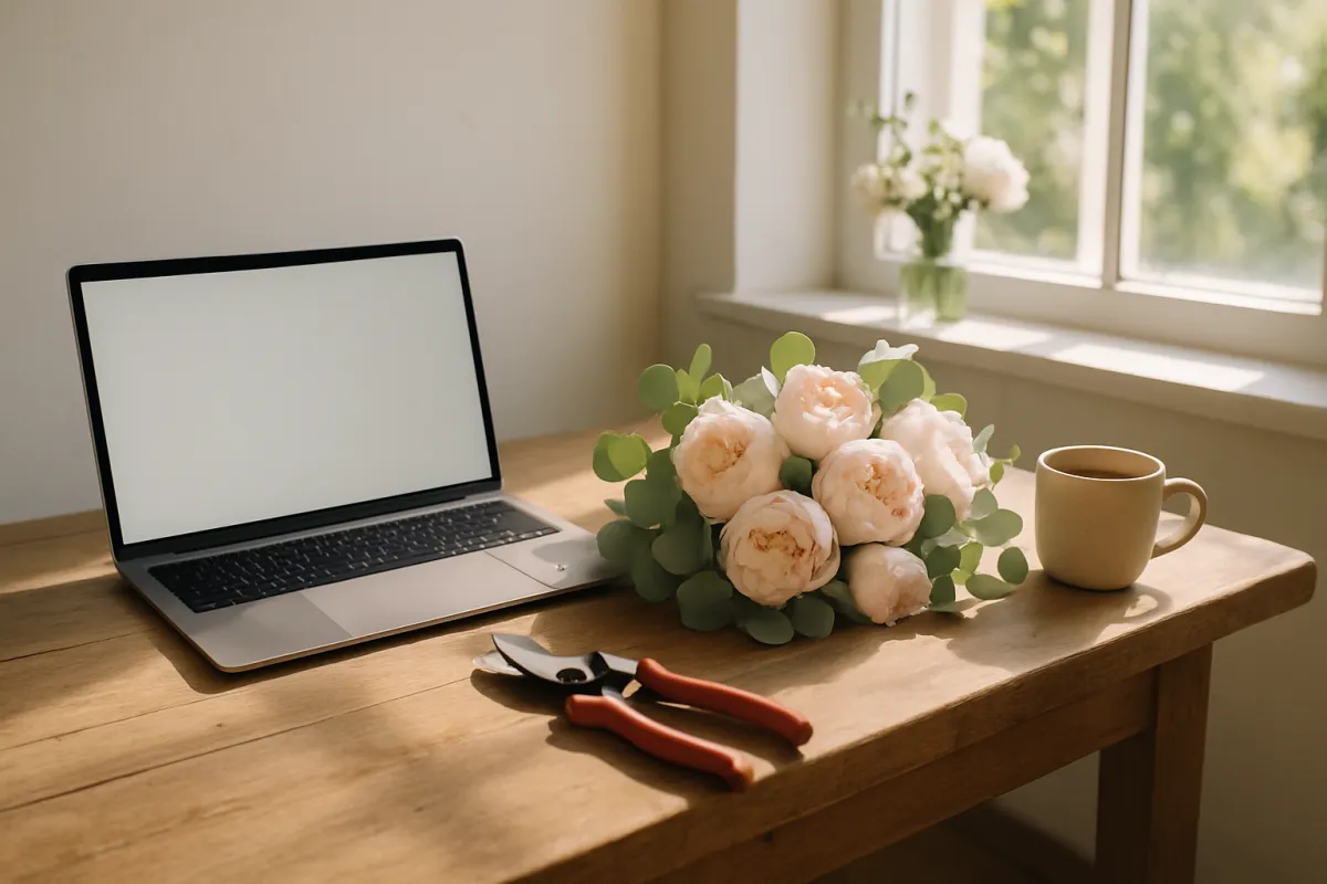A laptop, flowers and florist tools on a desk