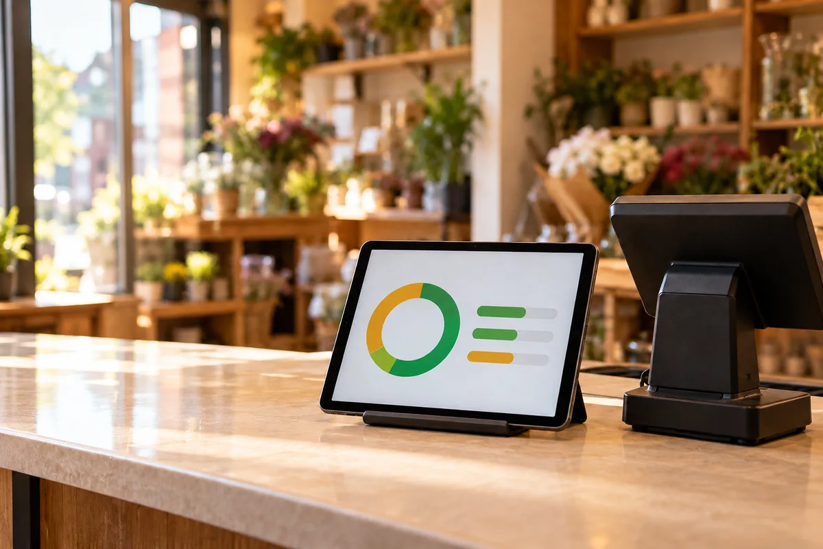 Tablet showing an abstract website score ring and bars beside a till on a flower shop counter