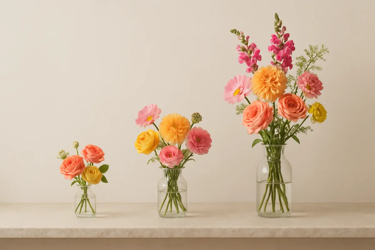 Three floral arrangements of different sizes demonstrating the 3 5 8 Fibonacci ratio