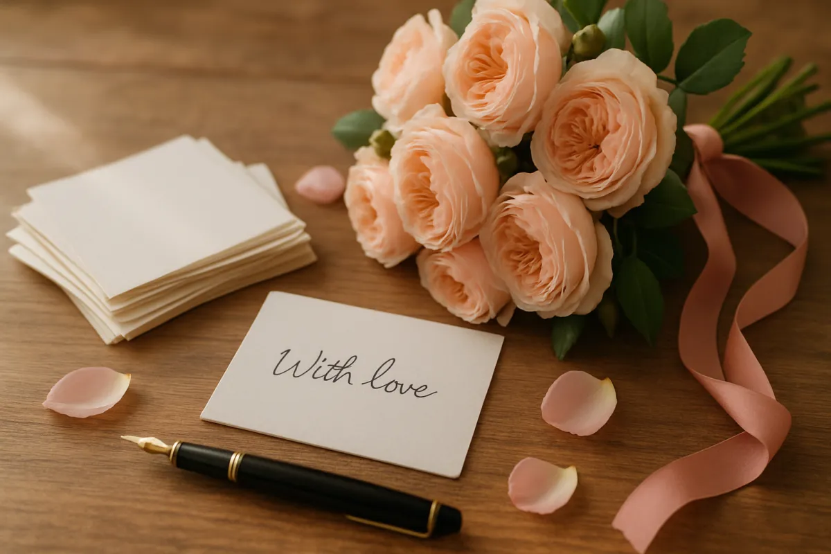 Blank florist gift cards with a fountain pen beside a ribbon-tied bouquet