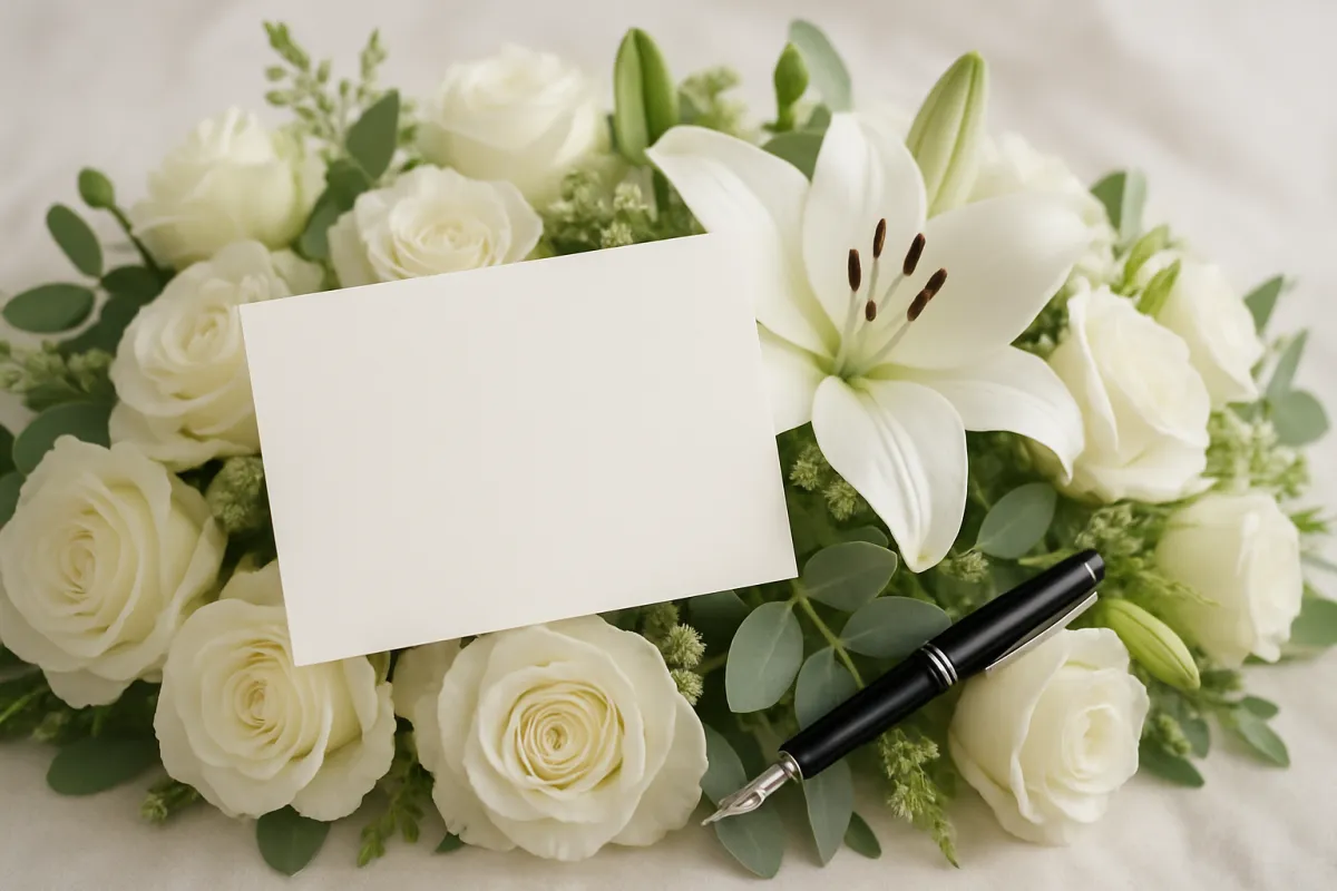 White sympathy card resting on soft white roses and lilies
